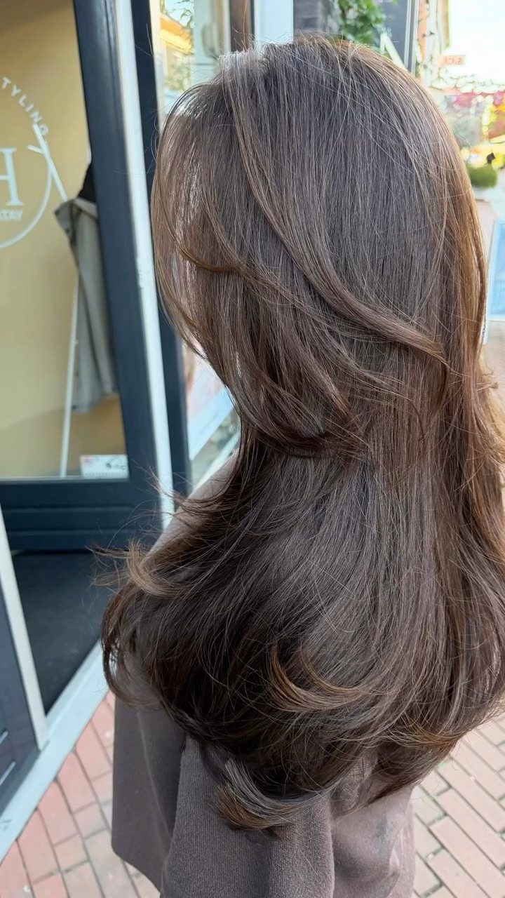 Lang bruin haar met laagjes, voor het raam van de salon